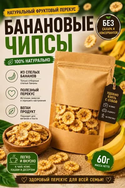 Банановые чипсы без сахара, сушеные, натуральные, 100% банан