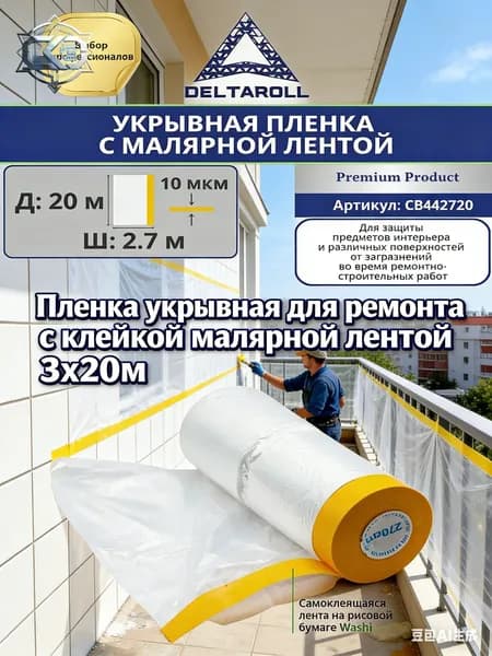 Пленка укрывная для ремонта с клейкой малярной лентой 3х20м