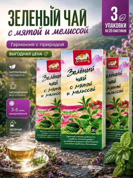 Чай Зеленый с мятой и мелиссой , 3 упаковки по 20фильтр- пакетиков