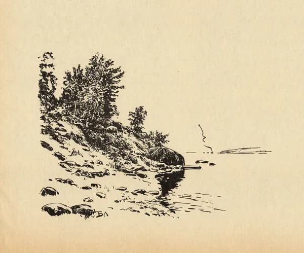 1966 год. Побережье Байкала. Б.И.Лебединский, старинная литография
