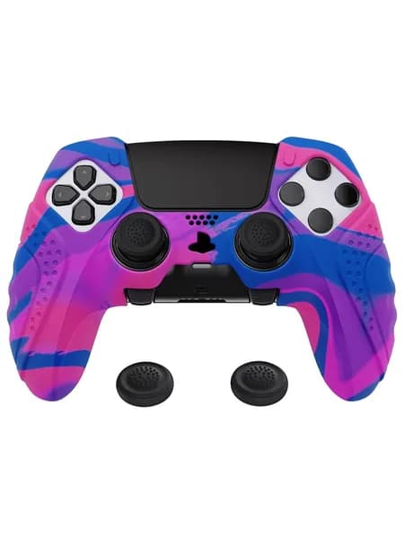 PlayVital Чехол-накладка из силикона для PS5 DualSense Edge Guardian Edition, мягкий, противоскользящий, с насадками на стики, розовый/фиолетовый/синий
