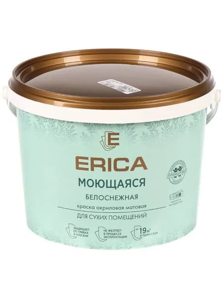 Erica, Краска воднодисперсионная, акриловая, моющаяся, матовая, белая, 2.7 кг