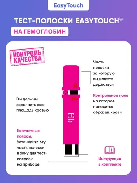 Тест-полоски для анализатора крови EasyTouch на гемоглобин, 25 штук (срок годности 22.01.2028)