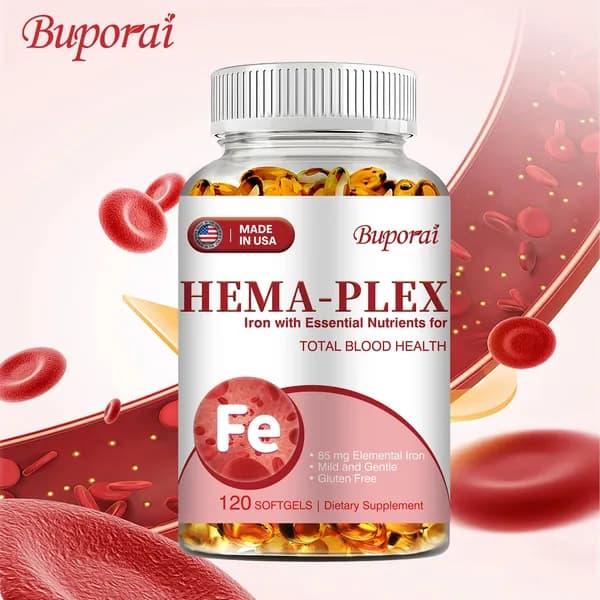 Buporai HEMA-PLEX способствует здоровому производству красных кровяных клеток и улучшению кровообращения. 120 мягких капсул.