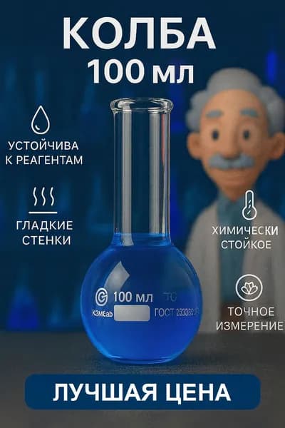 Колба лабороторная круглодонная 100 мл, стеклянная, термостойкая для химии
