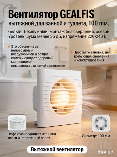 Вытяжной вентилятор GEALFIS 100 мм используется для установки в ванной комнате без сверления, осевой 220в