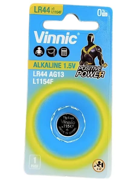 Батарейка L1154F (AG13, LR44, A76, V13GA, 357/303) VINNIC щелочная (алкалиновая)1,5В (бл1)