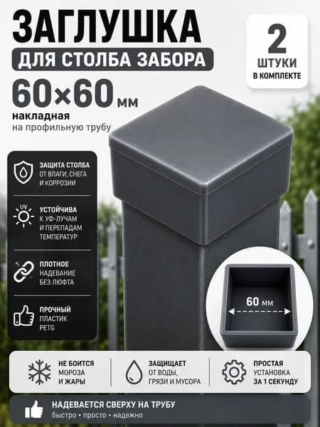 Заглушка на столб забора 60х60 мм серая, накладная, для профильной трубы 6060, PETG, 2 шт