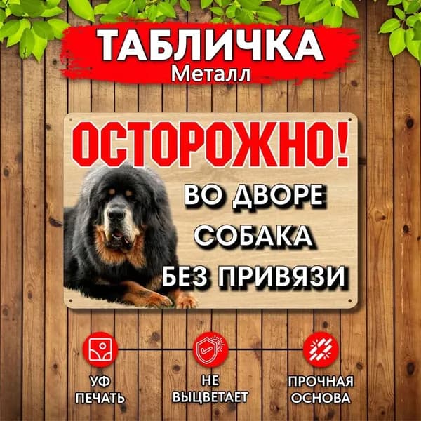 Табличка Осторожно Во дворе собака без привязи Тибетский Мастиф