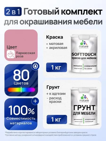 Комплект Malare SoftTouch для окрашивания мебели (1кг грунт + 1 кг краска), акриловый, без запаха, быстросохнущий, матовый, цвет парнасская роза