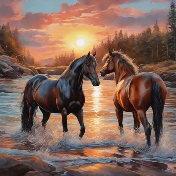 Диамантная картина Две лошади, современное искусство, 30x30 см, смола