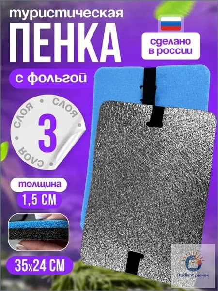 Сиденье туристическое, 3 -х слойное синее, с фольгой, влагостойкое, многослойное, пенка/каремат, сидушка походная, хоба для похода/туризма 350x240x15 мм