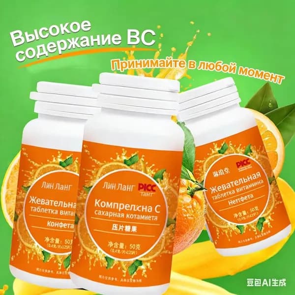 Жевательные таблетки витамина С, натуральный продукт, сладко-кислые, насыщенный апельсиновый вкус. Идеальны для школьников, подростков и взрослых, питательные и вкусные!