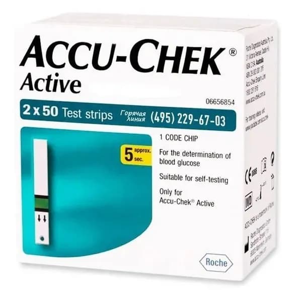 Тест-полоски к глюкометру Акку-Чек Актив (Accu-Chek Active), 100 шт., срок до 03.2027 г.