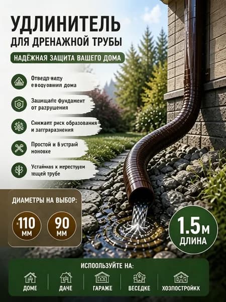 Удлинитель водостока гибкий 90/110 мм, гофрированный шланг до 1.5 м с поворотными фитингами