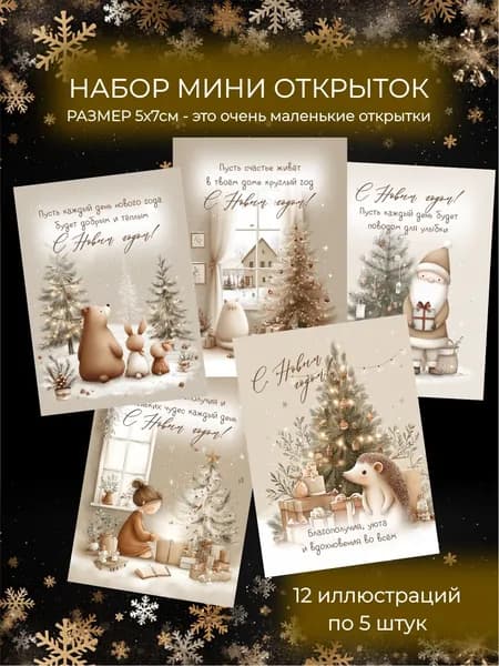 Новогодние супер мини набор открыток 5х7см бежевые стильные
