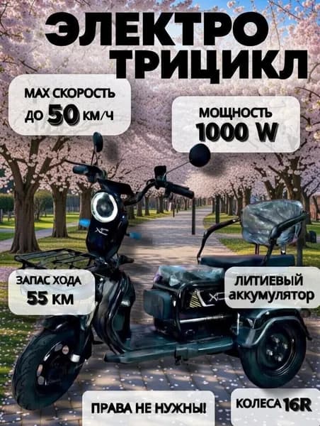 Электротрицикл-вездеход 1000W, скорость до 50 км/ч, с грузовым багажником
