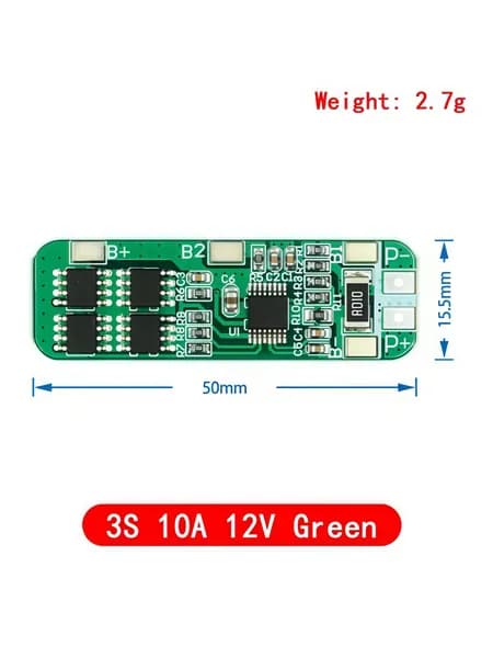 Зеленая плата защиты BMS 3S 10А 12В для трех литиевых аккумуляторов 18650