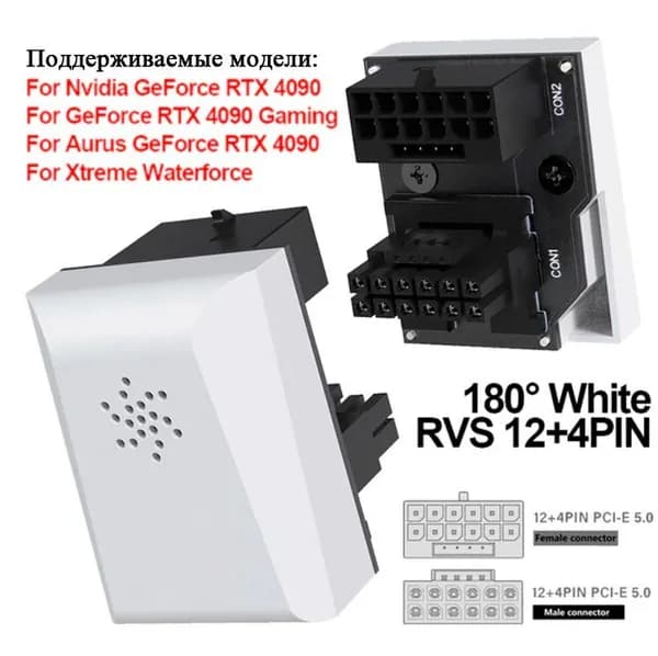 12VHPWR PCie 5.0 угловой адаптер 180 градусов белый RVS