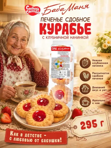 Печенье сдобное Баба Маня Курабье с клубничной начинкой 295г / Сладкая слобода