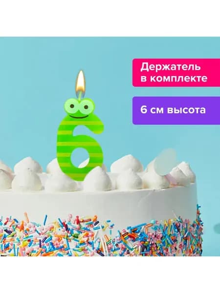 Свечи для торта цифры праздничные 6 С глазками, 6 см, Золотая Сказка, с держателем, в блистере