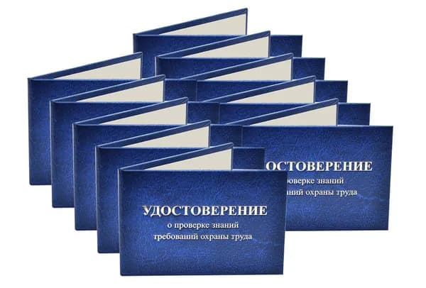 Удостоверение синее. С оттиском "УДОСТОВЕРЕНИЕ о проверке знаний требований охраны труда". Без форзацев. 10шт