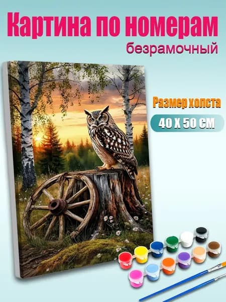 Картина по номерам 40х50 см Сова на лесном пне на закате без подрамника / DIY картина для декора интерьера / Набор для творчества взрослым