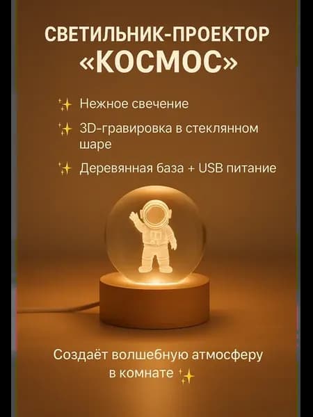 Светильник-проектор 3D с деревянной подставкой