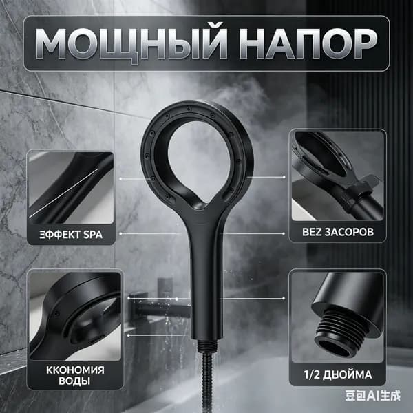 Лейка для душа ручная кольцевая с эффектом увеличения напора, матовая черная 1/2 дюйма - насадка для экономии воды в ванной, мощная душевая головка для всей семьи и квартир с низким давлением.