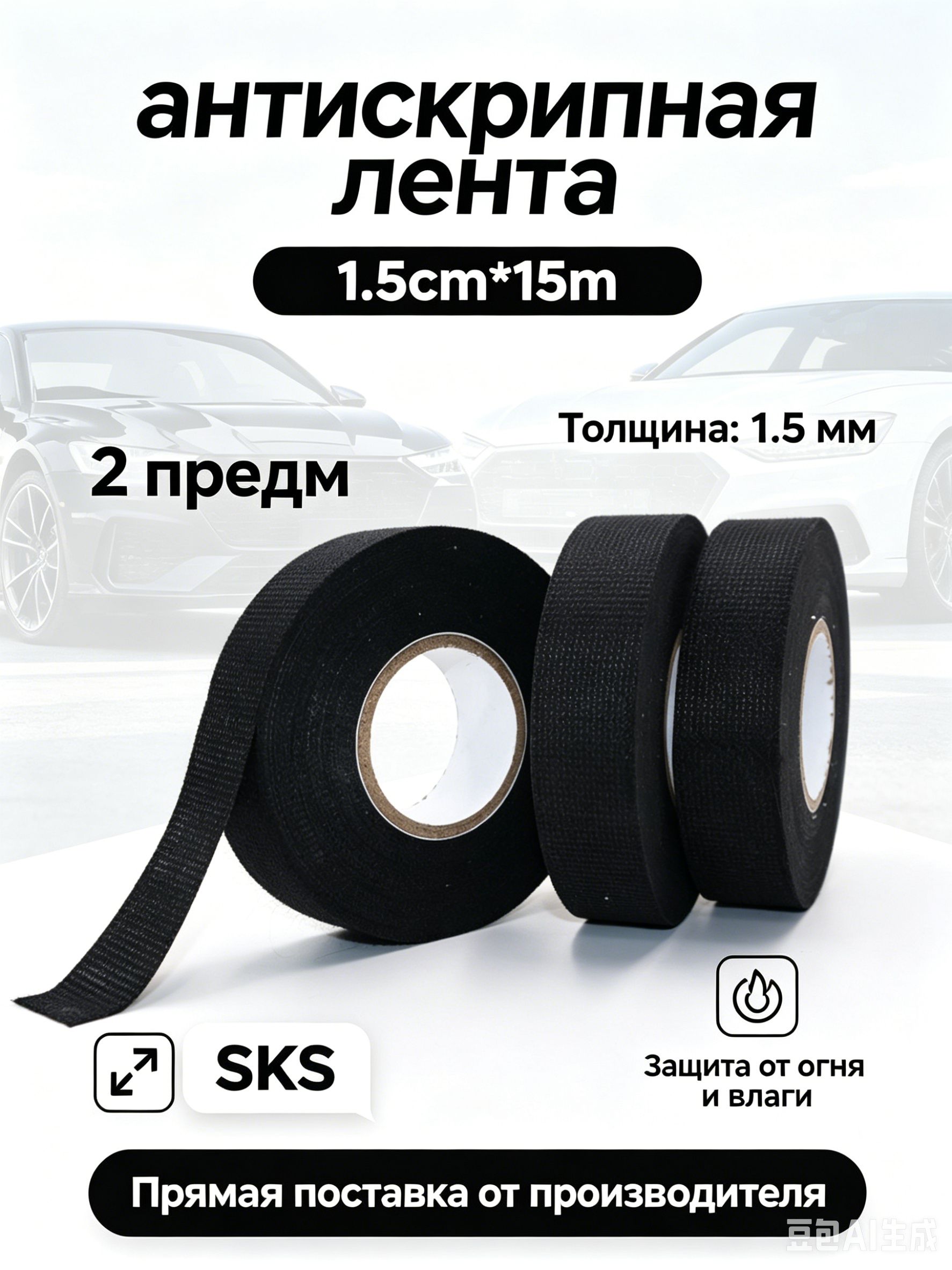 Антискрип автомобильный, 15 м, толщина: 1.5 мм, 2 шт.