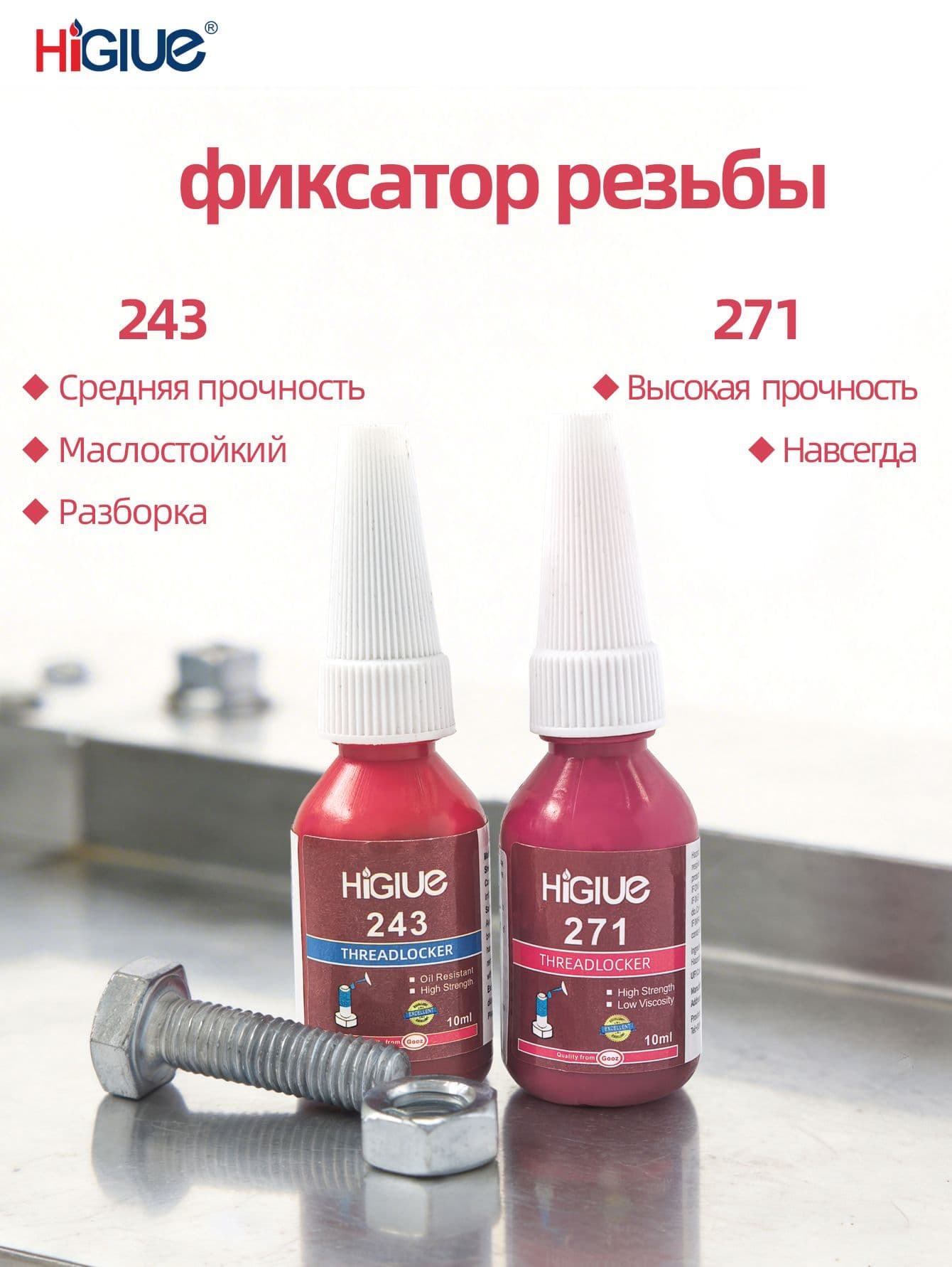 Higlue Фиксатор резьбы Гель, 20 мл, 2 шт.