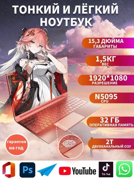 HAOLA Ноутбук 15.6", Intel Celeron N5095, RAM 32 ГБ, SSD 2048 ГБ, Intel UHD Graphics 600, Windows Pro, черный матовый, Русская раскладка