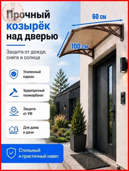 Навес-козырек над крыльцом усиленный, вынос 60 см, ширина 160/180/200/240/300 см, пластиковый, защита от осадков и снега