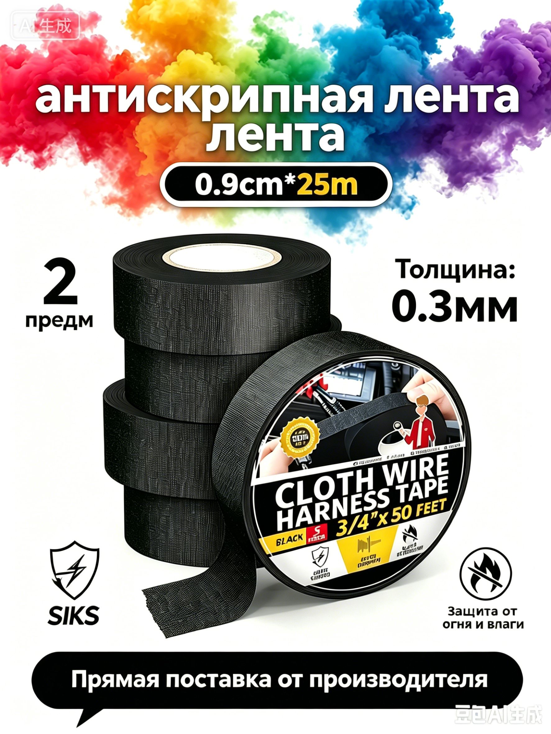 Антискрип автомобильный, 25 м, толщина: 0.3 мм, 2 шт.