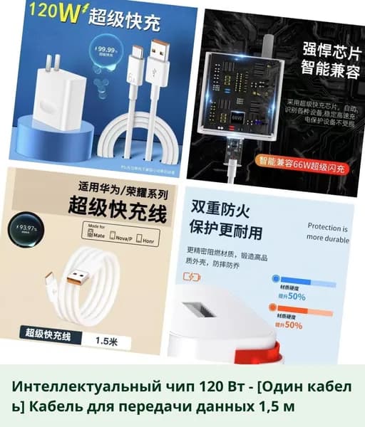 Зарядное устройство 120W с кабелем 6A для быстрой зарядки смартфонов