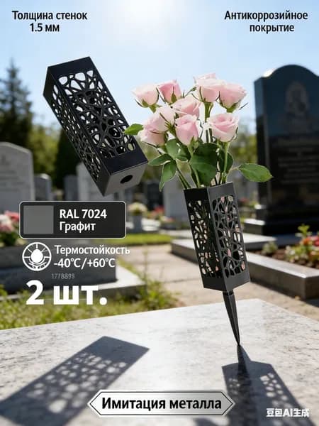 GEALFIS Пластиковая ваза на могилу, комплект 2 шт., с покрытием RAL 7024, устойчивая к УФ и морозу, легко монтируется