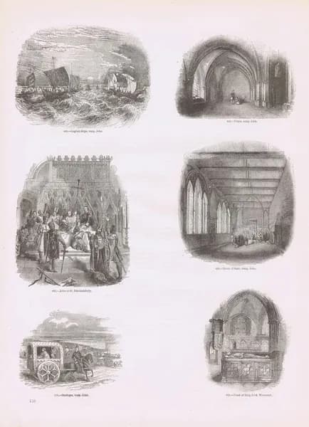 Старая Англия 59. Карета, алтарь, тюрьма, английские корабли, парадный зал времен короля Джона и его гробница. Антикварная гравюра (ксилография). Англия, 1864 год