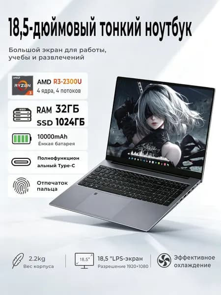 Игровой ноутбук 18.5", AMD Ryzen 3 2300U, RAM 32 ГБ, SSD 1024 ГБ, AMD Radeon, Windows Pro, светло-серый, Русская раскладка
