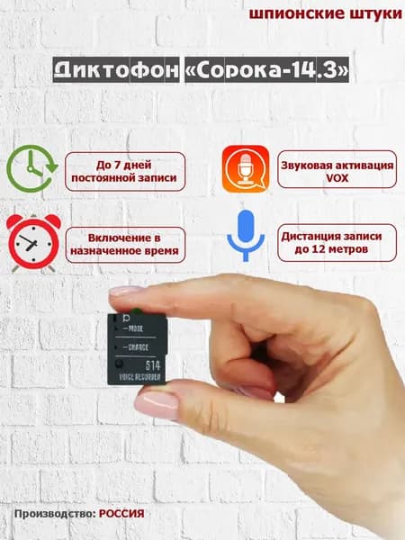 Мини диктофон Сорока 14 с активацией по звуку. Запись до 5 дней