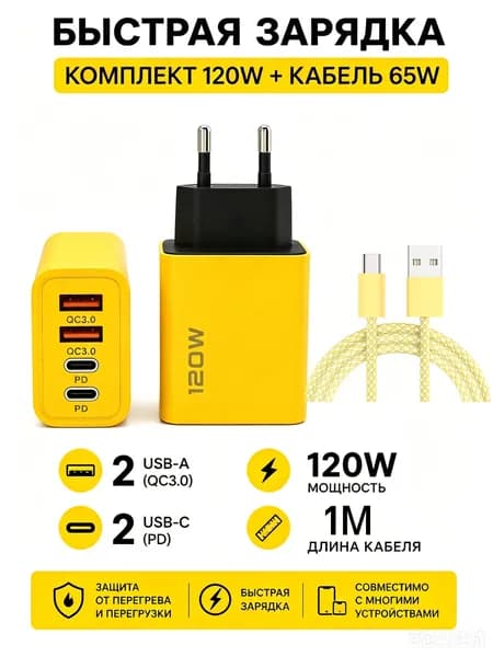 устройство для быстрой зарядки 120 Вт Двойной USB + Двойной Type-C Мультипорт с+Кабель 65 Вт