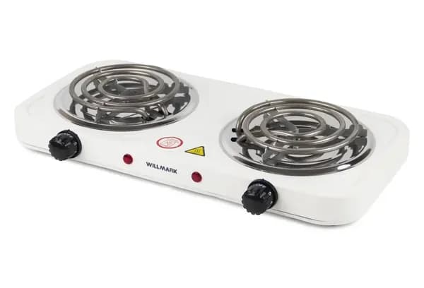 Плитка настольная электрическая WILLMARK HS-210TW, 2000 Вт, 2 конфорки, индикатор включения, эмалированная сталь, белый