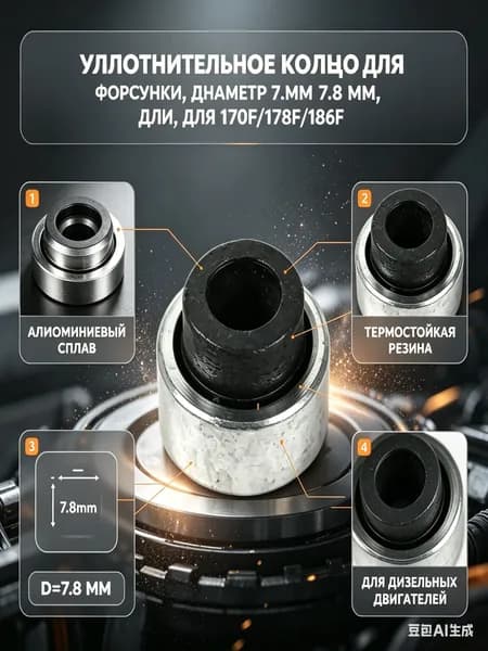 Уплотнительное кольцо для форсунки дизельного двигателя, диаметр 7.8 мм - термоизоляционная прокладка из алюминиевого сплава и термостойкой резины, для моделей 170F, 178F, 186F