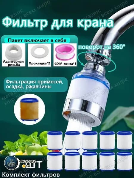 Фильтр для воды, насадка на кран водосберегающая и набор сменных картриджей