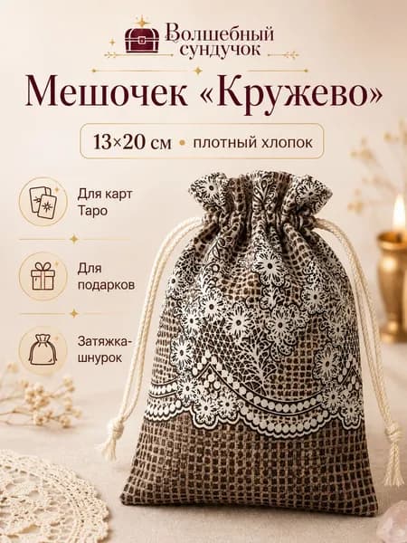 Мешочек для карт Таро и рун Кружево 13х20 см, хлопковый на шнурке, для оракула, украшений, подарков и мелочей
