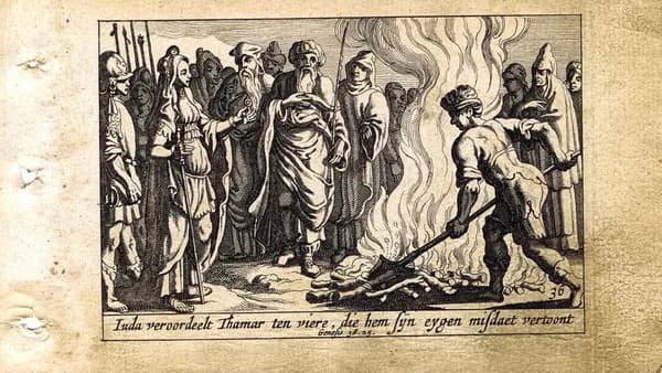 Ветхий Завет. Попытка сожжения Фамари Иудой. Антикварная резцовая гравюра, офорт. Нидерланды, 1659 г.