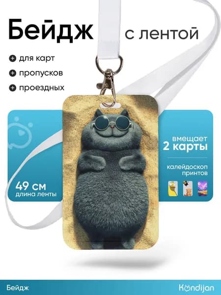 Чехол бейдж для пропуска на ленте с карабином, пластиковый, белый с принтом КОТ НА ПЕСКЕ / держатель для пропуска, бейджик для школьника на шею