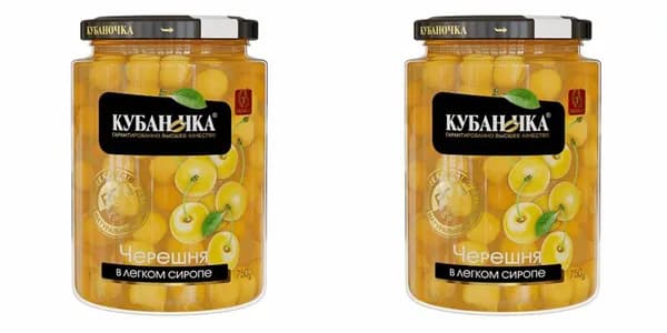 Кубаночка Черешня желтая в легком сиропе, 750 г, 2 шт