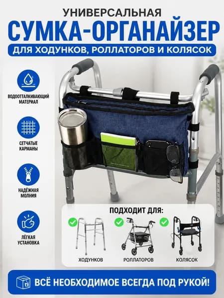 Сумка-органайзер для ходунков и инвалидных колясок, водонепроницаемая, с карманами на молнии, 39x21x6 см