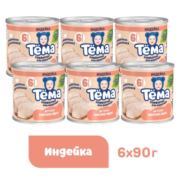 Мясное пюре Тёма с индейкой, с 6 месяцев, 90 г, 6 шт