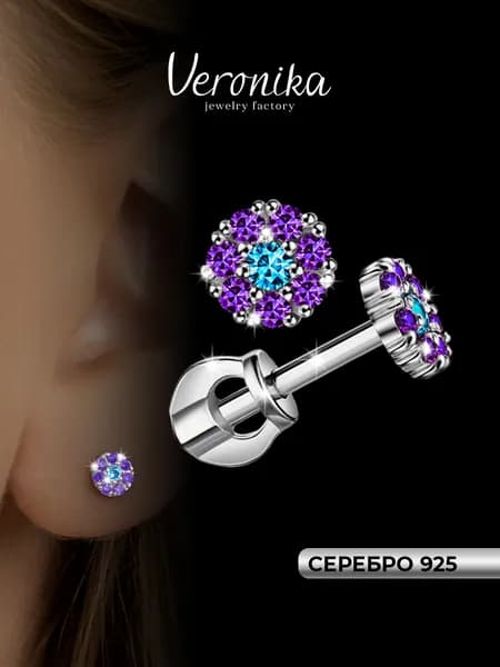 Серьги пусеты серебро 925 родированное Цветок с фианитами Veronika jewelry factory
